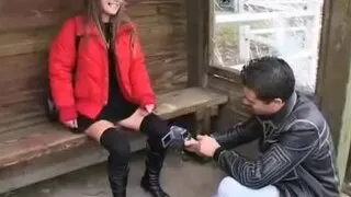 Babe getting fucked in clothes on a cars hood