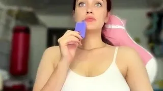 Busty curly brunette with big boobs fucks on couch