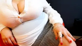 Busty curly brunette with big boobs fucks on couch