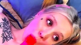 Masturbating busty blonde teen on couch with big toys