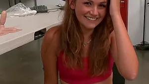 Super cute teenager examines a brand-new penetrate machine and takes yam-sized manmeat deep inwards her!