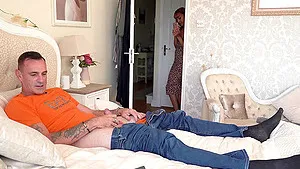 Man jerks off while small tits Bluelah fingers her nice clitoris