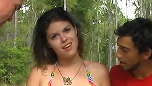 Hardcore outdoor gangbang ends with a cumshot for a hot chick