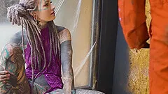 Alt dominatrix pegging tattooed worker