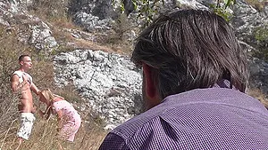 Outdoor MMF threesome with a blonde babe - Anna Versailles