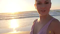 Sweet Rebecca Volpetti enjoys while sucking a dick on a beach