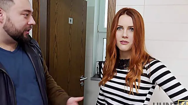 Appealing redhead tapes in a public restroom fucking with a random dude