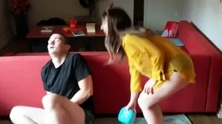 Pink labia close up of naive brunette playing with her name