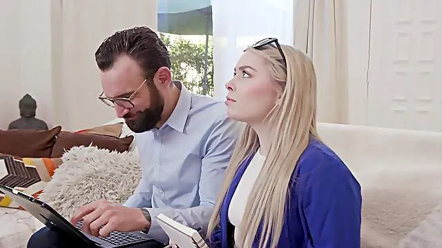 Young nerdy blonde sucks stepdad's dick with passion and fucks even greater