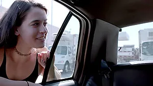 Brunette Abbie Maley wearing fishnet riding a dick in a car