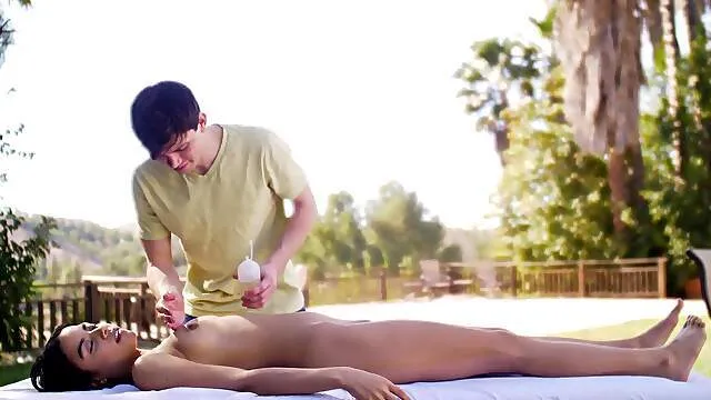 Outdoor massage leads young brunette dove to try insanely hot sex