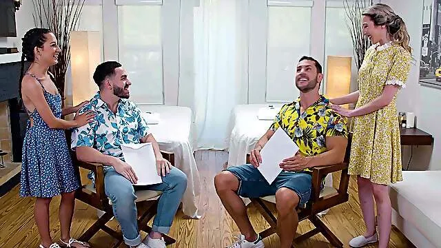 Passionate babes swap men for restless foursome on cam