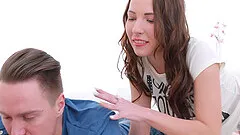 Busty teen with brown hair doing splits while getting fucked in the butt