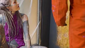 Alt dominatrix pegging tattooed worker