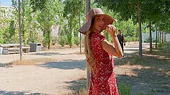 Mary Popiense moans enjoys while sucking a big dick in public