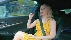 Camera in the car records blonde babe Sydney in a yellow dress