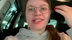 Nerdy babe swallows in the locker room