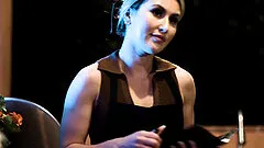 Cock hungry waitress Paige Owens drops on her knees for 2 cocks