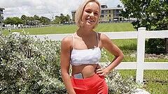 Blonde Milana Blank with natural tits sucking a dick in the car