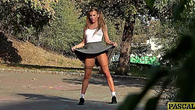 Gagged babe fucked in ruthless scenes for a complete outdoor maledom