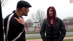 Redhead amateur Jessica Red takes money for a quickie in the car