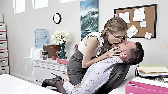Skinny secretary feels the heat in naughty hard sex scenes on the desk