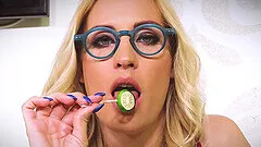 Small boobs blonde Lulu Love with glasses moans while riding a dick