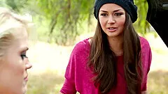 Lesbian chicks Ash Hollywood and Nina Hartley have sex in the car