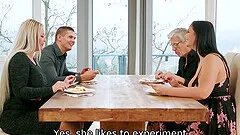 Grey-haired cuckold doesn't disturb his wife with huge breasts from cheating