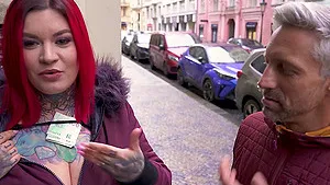 Chubby redhead chick Sabien DeMonia rides a stranger - cuckold