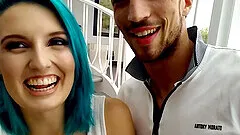 Sweet blue haired girlfriend loves sucking before getting fucked
