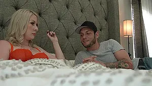 Interracial lovemaking in the bedroom with pale Sydney Paige