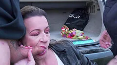 Rough outdoor MMF threesome with a naughty mature brunette