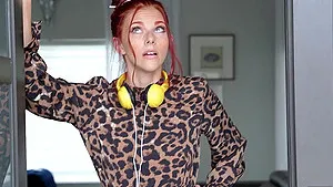 Seductive redhead gamer Devyn Lux drops her clothes to ride a plumber