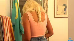 Blonde cutie Gia Dibella admires some vintage car in the garage