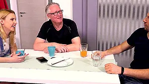 Small boobs blonde Lulu Love rides an older man while her BF watches