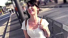 HD POV video of brunette Lou Nesbit sucking a dick in public