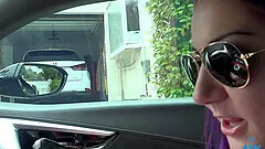 Purple haired babe Lily Adams loves posing for the camera outdoors