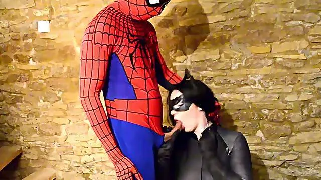 Busty Cosplay Catwoman takes spiderman web