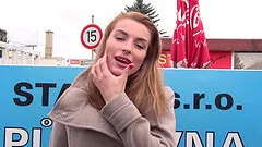 Victoria Daniels with shaved pussy sucking her BF's dick in the car