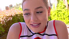 Chubby cheerleader moans while getting fucked on the bed