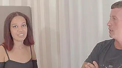 Annie with natural boobs moans during rough dicking on the bed