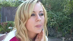 Mae Meyers home from college cheerleading practice, and meets new boyfriend who brings a buddy for a threeway fucking