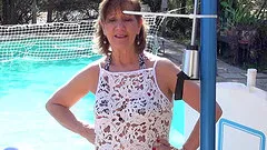 Demi with small tits fingering her pussy outdoors by the pool