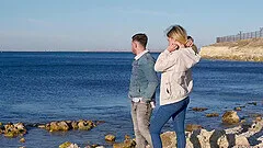 Outdoor foreplay on the beach ends with Carmen Rodriguez sucking a dick