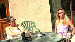 Outdoor MMF threesome in the backyard with Candice Marchal