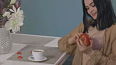 Small tits brunette Mileva opens her legs to pleasure her pussy