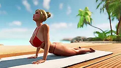 Futanari big tits babes having foursome sex on a beach in a3d animation