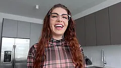 Adorable roommate Brenna Mckenna with glasses gets face fucked