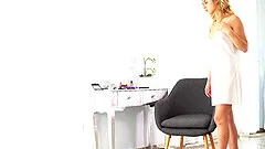 Skinny cutie Clarise drops her white dress to masturbate on a chair